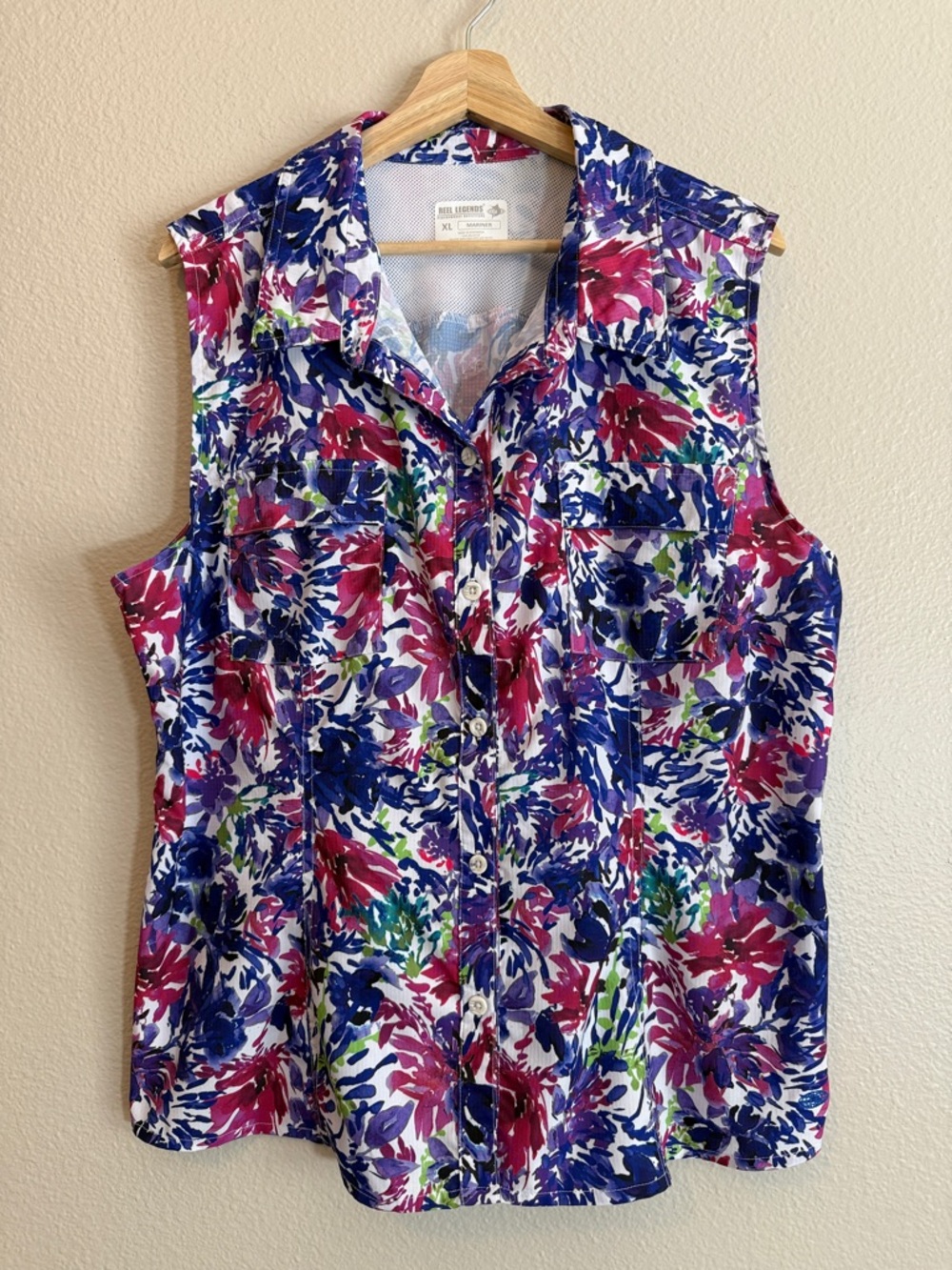Reel Legends Women XL Floral Performance Polo Top Sleeveless Button Down Outdoor